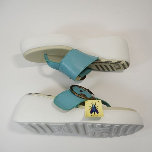 FLY LONDON Dafi SANDALS EU 41 10 10.5 Platform Wedge Thong Turquoise Leather NEW - Picture 11 of 15